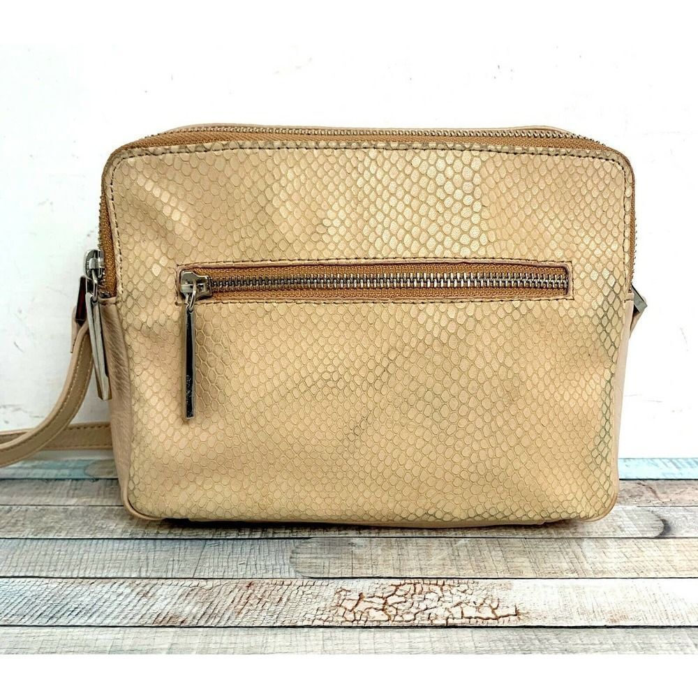HALOGEN SNAKE BEIGE GENUINE LEATHER ZIP X-BODY SHOULDER BAG HANDBAG CAMERA BAG